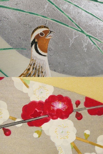 ♯ 上村松篁 四季木版画 (緋桃と山鳩 牡丹 月に鶉 梅、4枚揃) 限定250