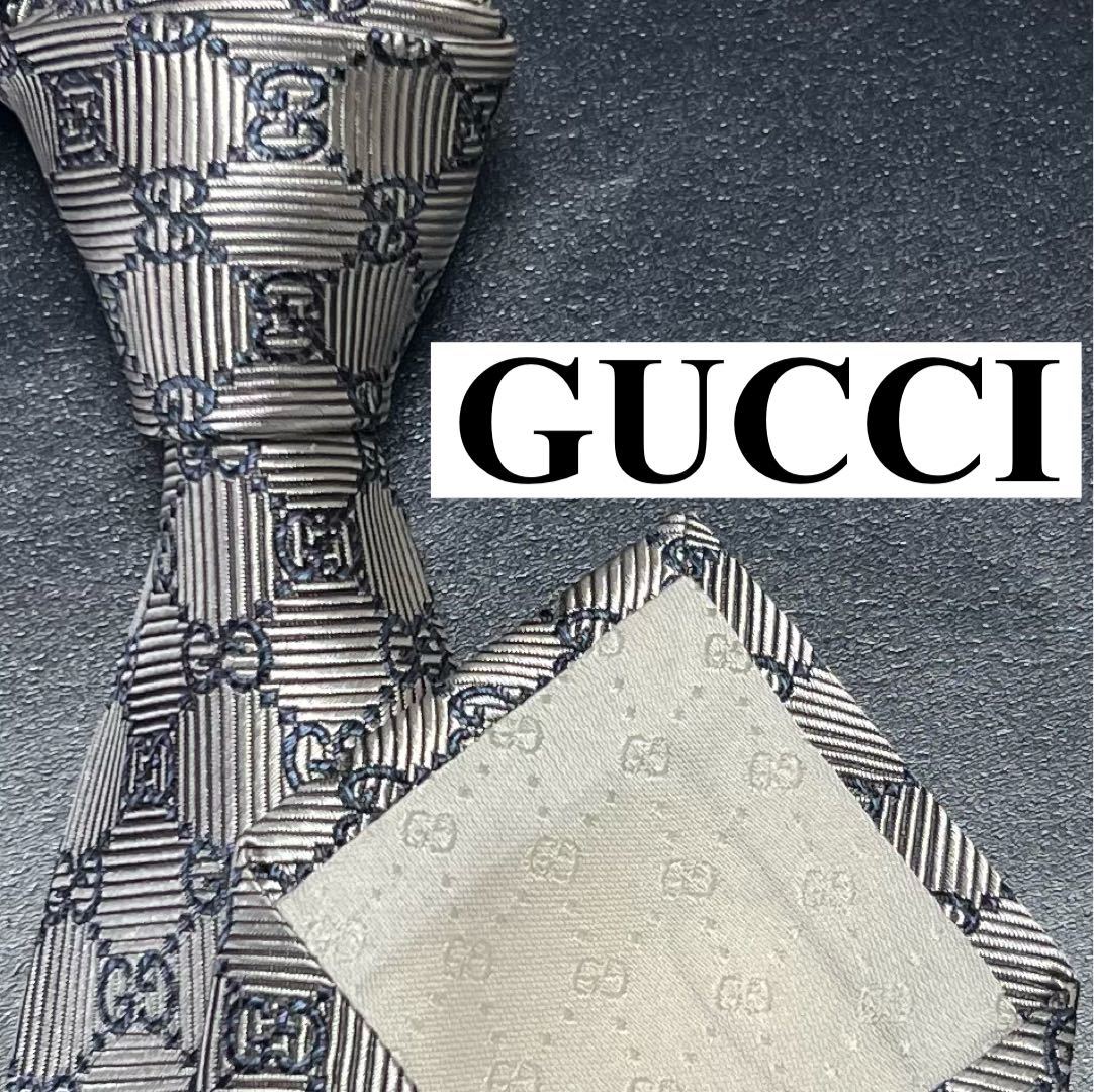 未使用級 ネクタイ 現行タグ GUCCI グッチ シルク100% GG柄 GGライン