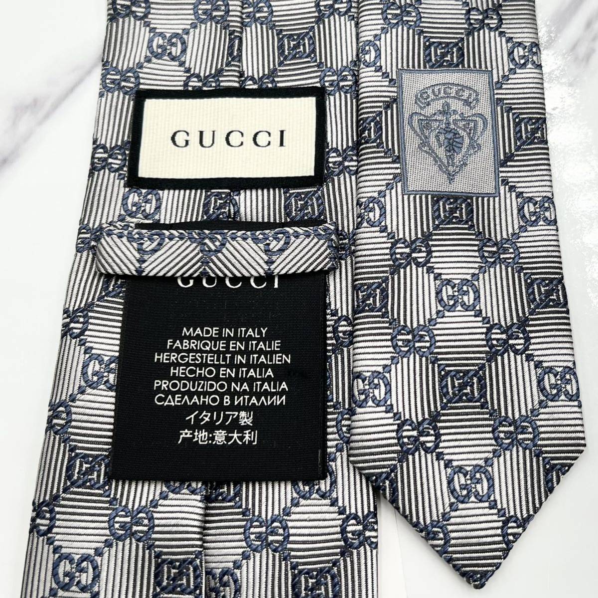 未使用級 ネクタイ 現行タグ GUCCI グッチ シルク100% GG柄 GGライン