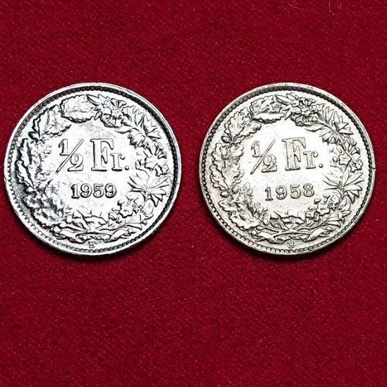 スイス 1/2フラン 銀貨 1958年 1959年 美品 セット 海外 スイス 1/2フラン 銀貨 1958年 1959年 美品 セット 海外