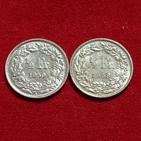 スイス 1/2フラン 銀貨 1958年 1959年 美品 セット 海外 スイス 1/2フラン 銀貨 1958年 1959年 美品 セット 海外