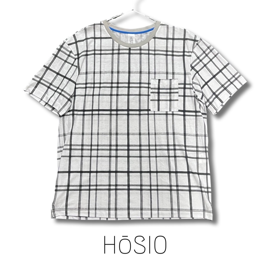 HoSIO オジオ チェック柄 コットン クルーネック 半袖 Tシャツ カットソー メンズ Lサイズ ホワイト ブラック イタリア製_画像1