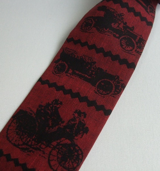 VINTAGE 60s rooster HAND PRINTED クラシックカー 車 プリント柄 綿 ネクタイ 中古品 ビンテージ アメリカ古着 モッズ　_画像5