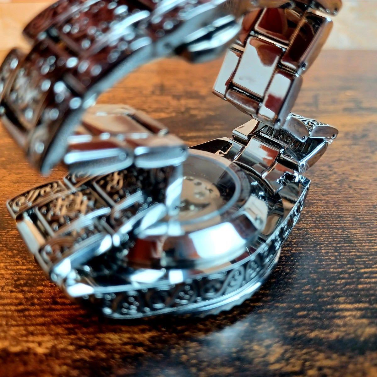 新品 送料無料 3D フルスケルトン 彫 自動巻き 機械式 メンズ 腕時計 シルバー
