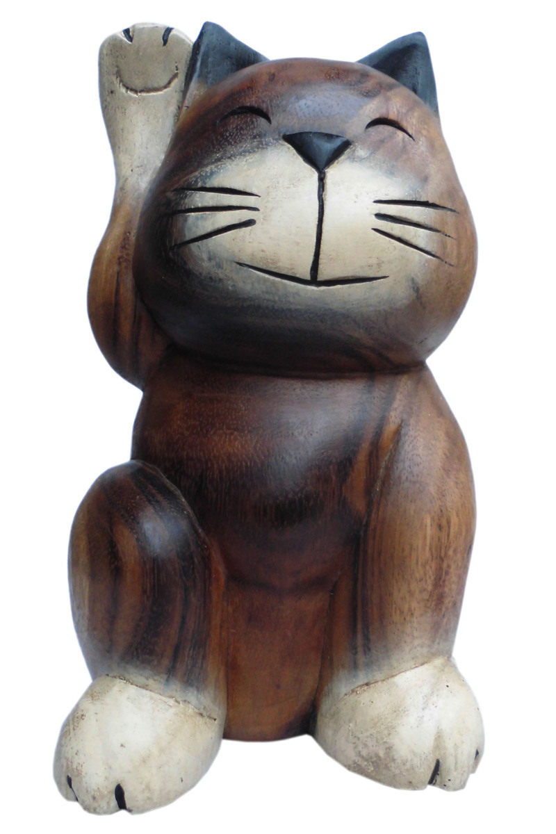 ■☆アジアン雑貨　木彫りネコ(招きねこ・大)（CAT-36）_画像1