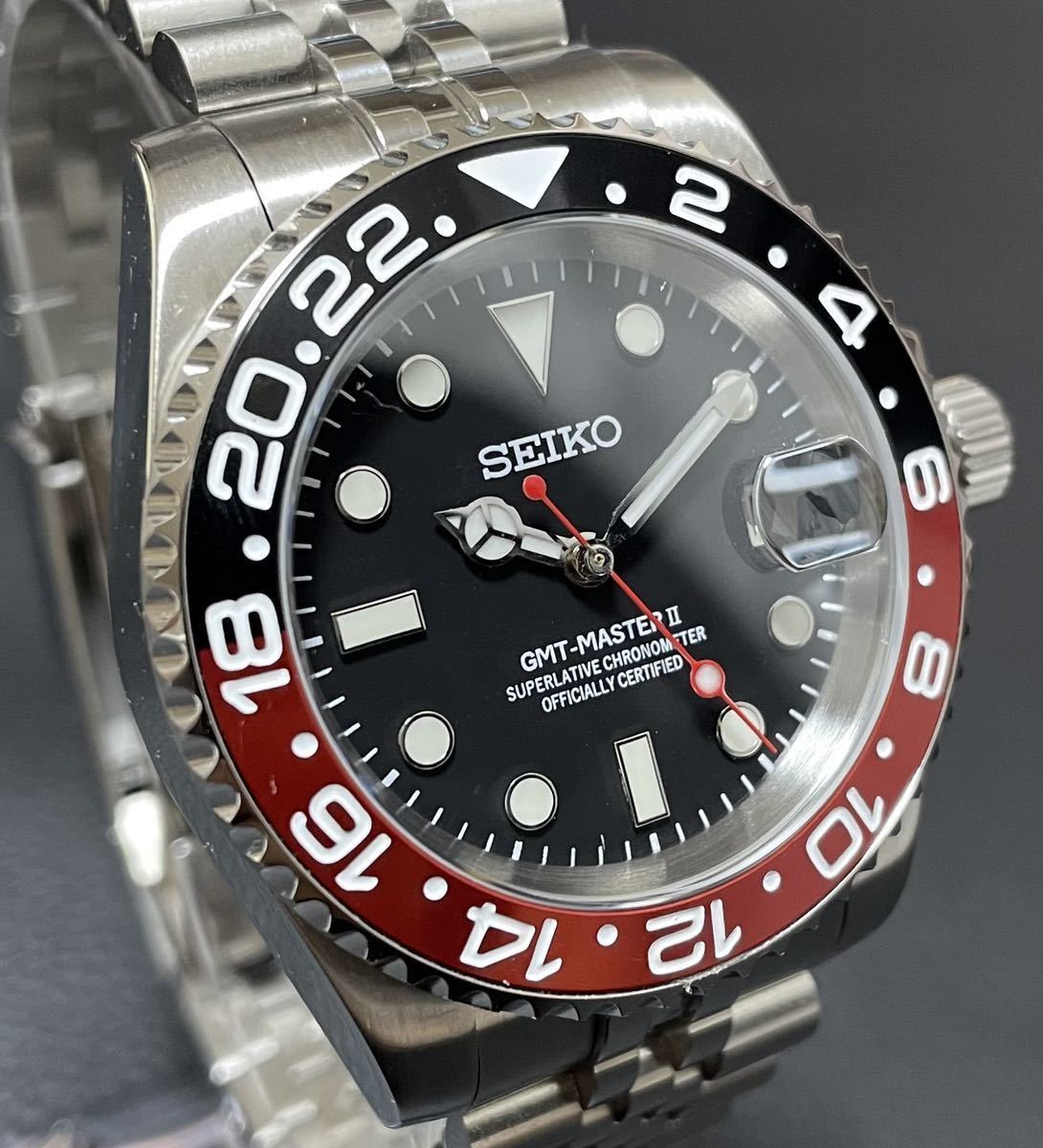 1円～ SEIKO カスタム ダイバーズ 赤 黒 GMT mod レッド 自動巻 手巻き ハック機能 セイコー nh35 seikomod ジュビリー ウォッチ 腕時計_画像2