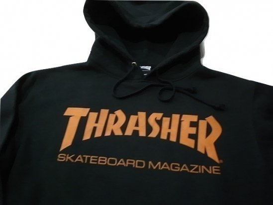 JB即決 THRASHER スラッシャー MAG LOGO マガジンロゴ プルオーバーフードスウェット パーカー 黒xオレンジ XLサイズ 新品_画像2