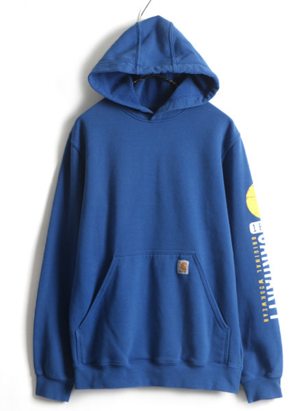 US企画 希少サイズ S ■ カーハート 袖 プリント スウェット フード パーカー ( メンズ ) 古着 CARHARTT トレーナー ブルー 青 日本未発売