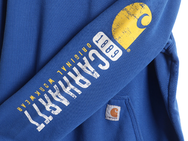 US企画 希少サイズ S ■ カーハート 袖 プリント スウェット フード パーカー ( メンズ ) 古着 CARHARTT トレーナー ブルー 青 日本未発売_画像4