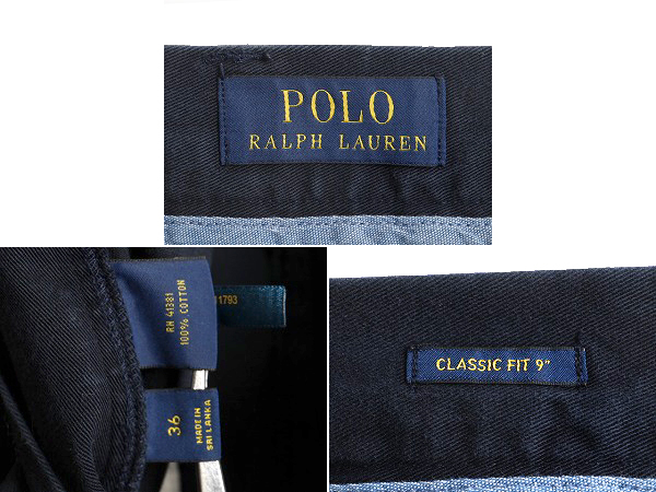 ■ POLO ポロ ラルフローレン ショートパンツ ( メンズ 36 ) 古着 短パン 半パン ショーツ コットン US ARMY チノ タイプ ノータック 濃紺_画像4