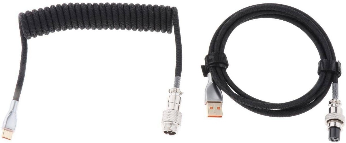 メカニカルキーボード等に アビエーターコネクター付き コイル状 ダブルスリーブ USBケーブル USB3.0  Type-C 黒