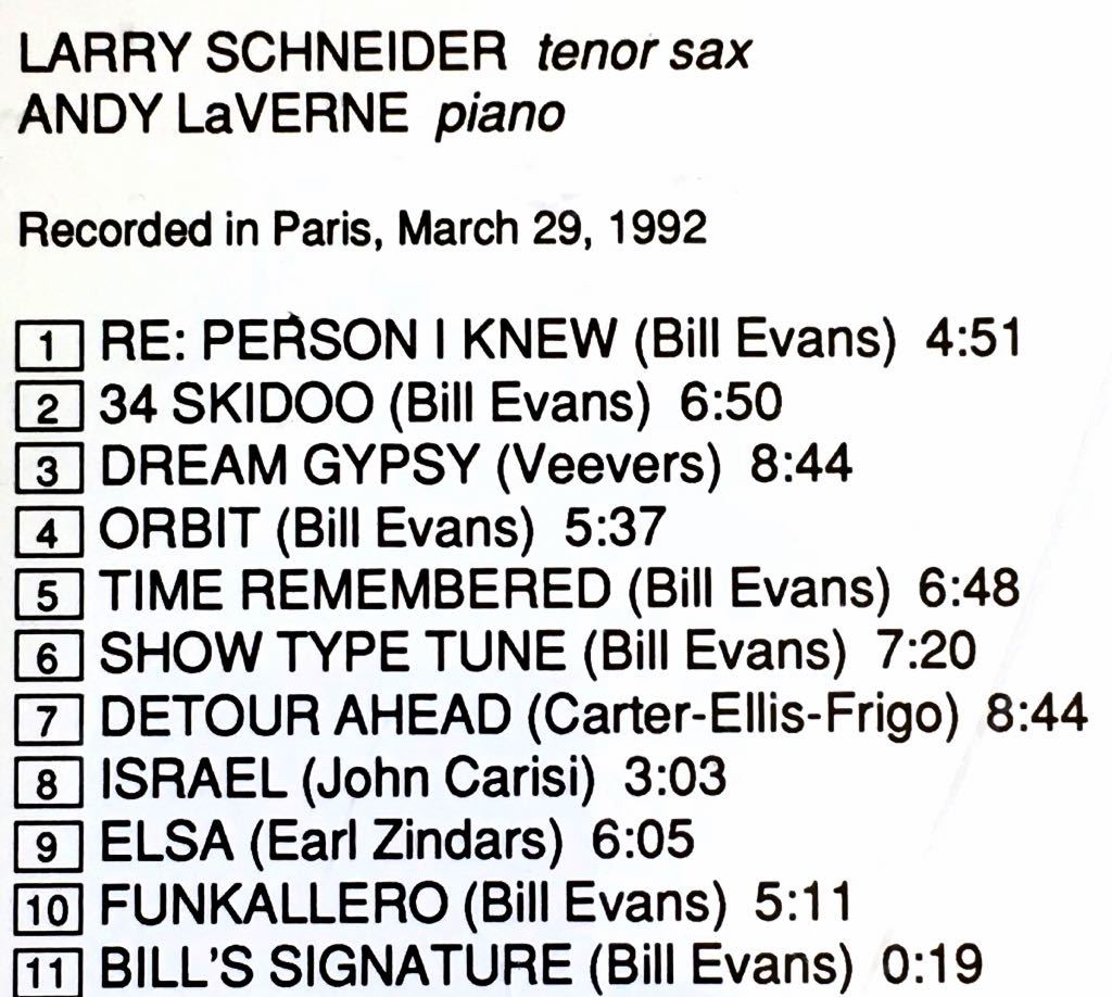 ラリー・シュナイダー/アンディ・ラヴァーン/DUO/テナー・サックス&ピアノ/デュオ/ビル・エヴァンス楽曲集/STEEPLE CHASE/1992年_画像6