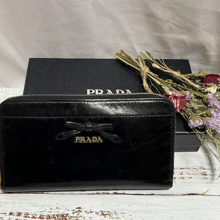 PRADA プラダ レザー リボン ラウンドファスナー 長財布 ブラック