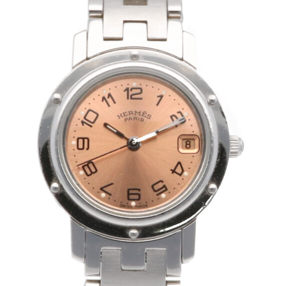 HERMES エルメス SS 腕時計 クリッパー ステンレススチール CL4.210 シルバー ピンク【SH】 中古