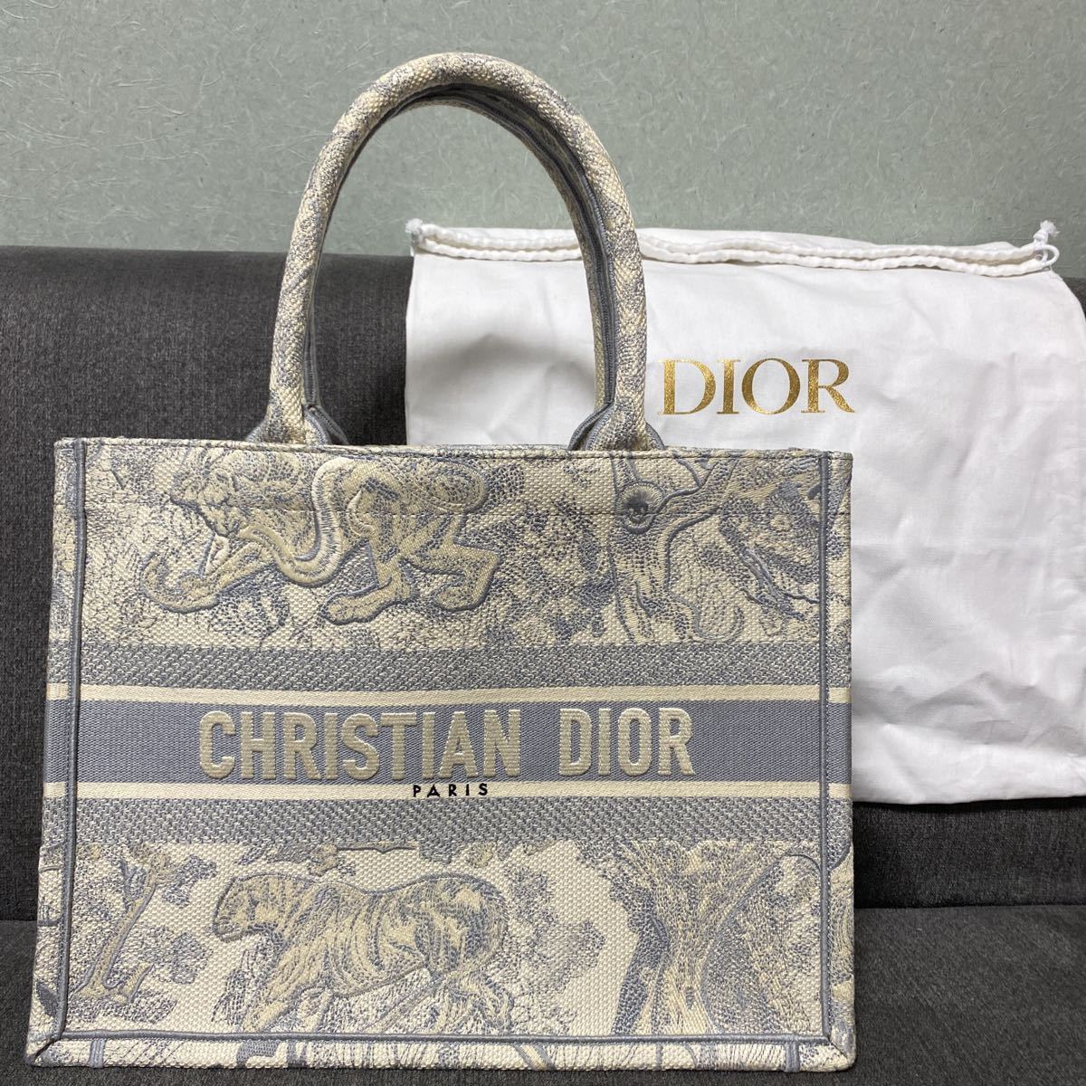 Christian Dior クリスチャン ディオール トートバッグ ブックトート レディース カバン アニマル キャンバス グレー 刺繍 美品 綺麗  袋付