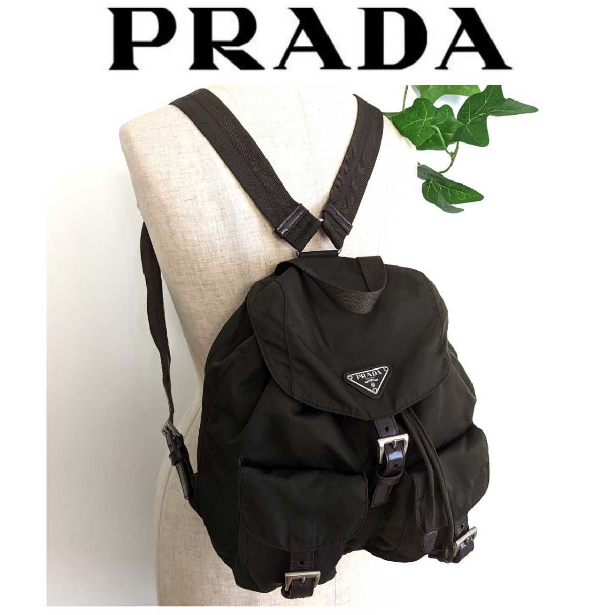 良品 PRADA プラダ ナイロン レザー ミニリュック バッグ マザーズバッグ ハンドバッグ バックパック カーキ ブラウン レディース メンズ