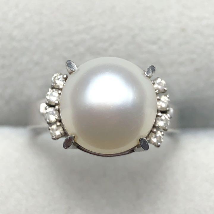 新年の贈り物 ダイヤ入り Pt900 本真珠 リング パール プラチナ 10mm玉 白蝶（しろちょう）真珠