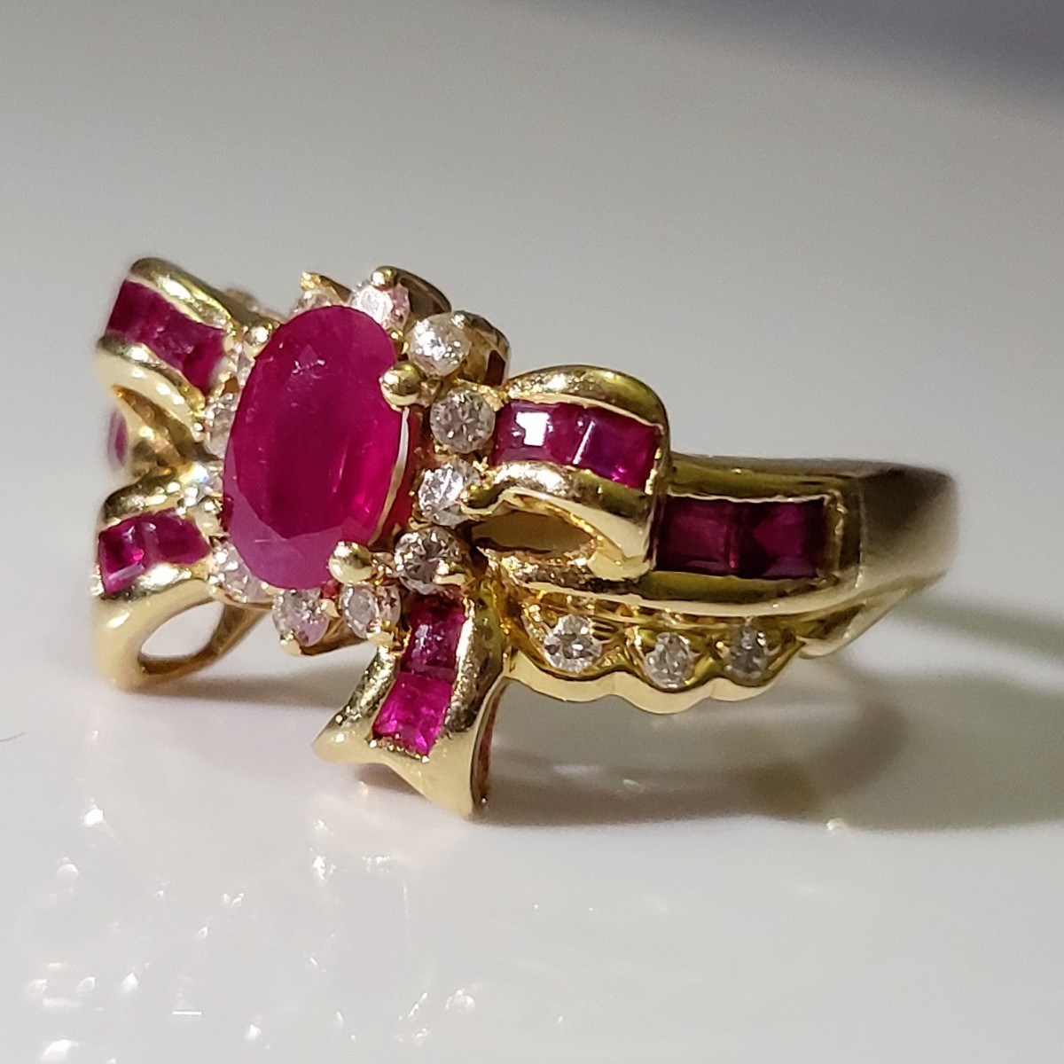 K18 ルビー 1.10ct ダイヤ 0.18ct キャンディ リボン リング