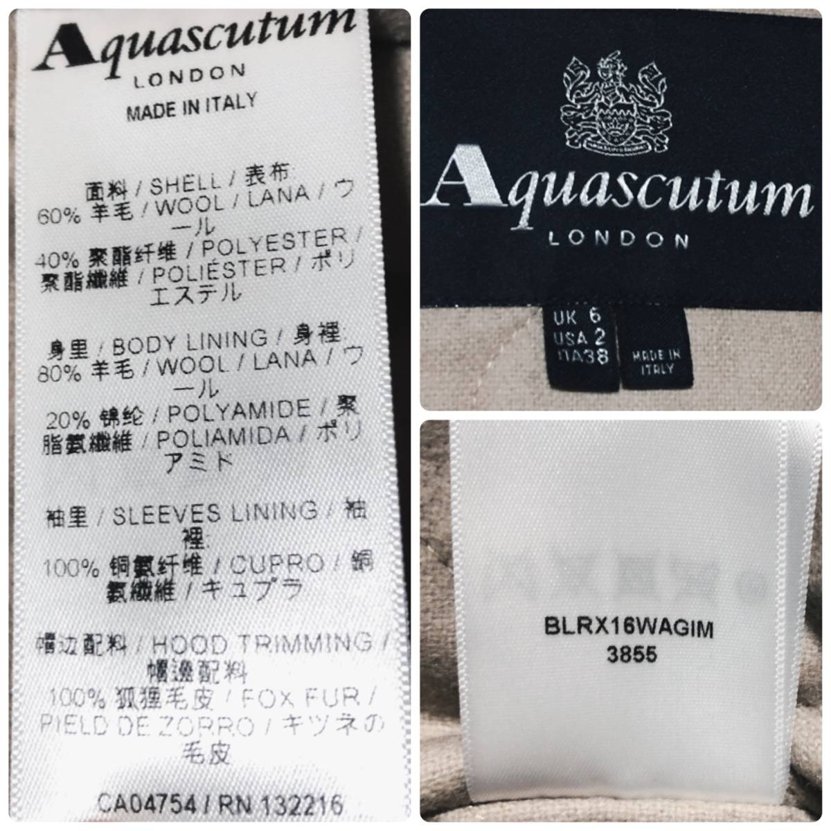  アクアスキュータム フォックスファー付 モッズコート 38 伊製/Aquascutum 高機能 撥水ウール 止水ジップ_画像5