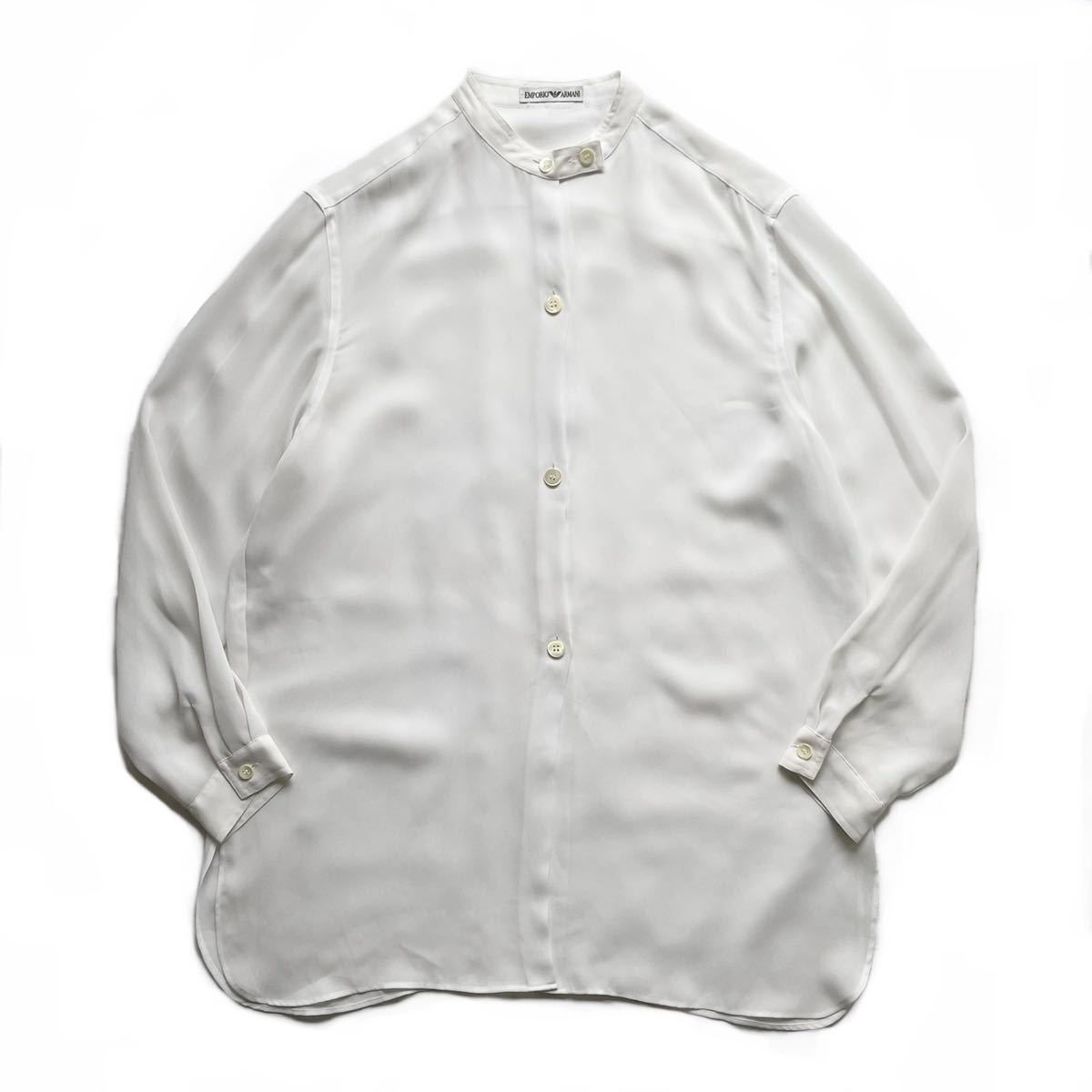 希少 80s90s EMPORIO ARMANI エンポリオアルマーニ ノーカラーシャツ シースルーシャツジャケット ホワイト 白 古着 ビンテージ 