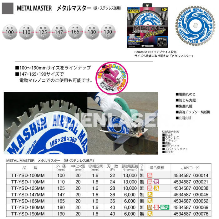 送料無料 山真 ヤマシン TT-YSD-190 鉄・ステンレス用チップソー 190ミリ メタルマスター ５枚 セット_画像6