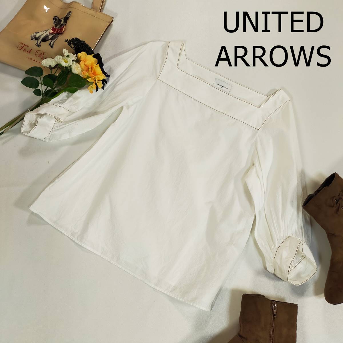 UNITED ARROWS ユナイテッドアローズ ブラウス プルオーバー ホワイト 白 スクエアネック 日本製 五分袖 パフスリーブ シンプル 3734