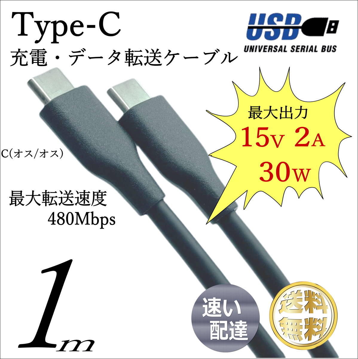 △お値打ち USB2.0 TypeC (オス)- (オス) ケーブル 1m 最大出力 15V/2A 最大転送速度 480Mbps UC480-10