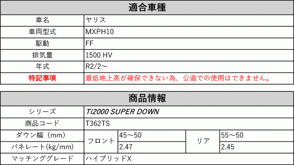 [RS-R_Ti2000 SUPER DOWN]MXPH10 ヤリス_ハイブリッドX(2WD_1500 HV_R2/2～)用競技専用ダウンサス[T362TS]_画像2