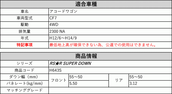 [RS-R_RS★R SUPER DOWN]CF7 アコードワゴン(4WD_2300 NA_H12/6～H14/9)用競技専用ダウンサス[H643S]_画像2