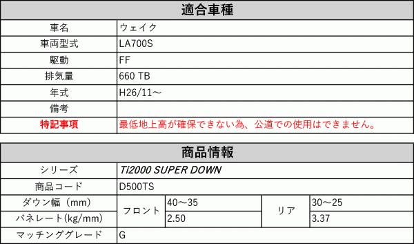 [RS-R_Ti2000 SUPER DOWN]LA700S ウェイク_G(2WD_660 TB_H26/11～)用競技専用ダウンサス[D500TS]_画像2