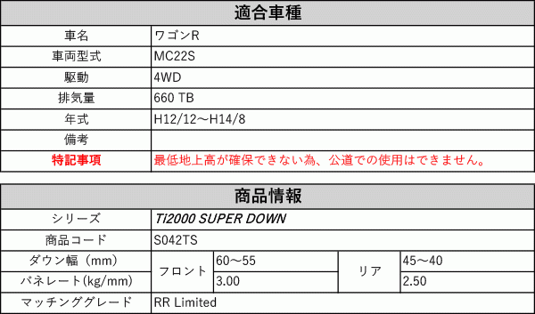 [RS-R_Ti2000 SUPER DOWN]MC22S ワゴンR_RR Limited(4WD_660 TB_H12/12～H14/8)用競技専用ダウンサス[S042TS]_画像2