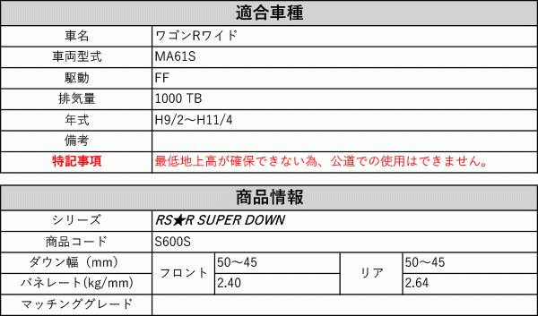 [RS-R_RS★R SUPER DOWN]MA61S ワゴンRワイド(2WD_1000 TB_H9/2～H11/4)用競技専用ダウンサス[S600S]_画像2