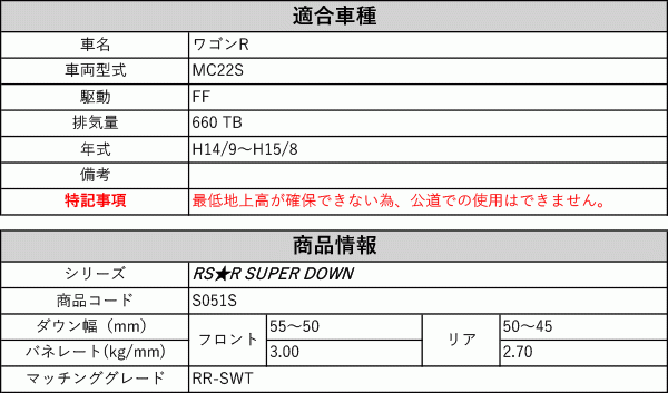 [RS-R_RS★R SUPER DOWN]MC22S ワゴンR_RR-SWT(2WD_660 TB_H14/9～H15/8)用競技専用ダウンサス[S051S]_画像2