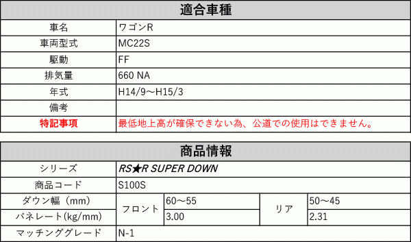 [RS-R_RS★R SUPER DOWN]MC22S ワゴンR_N-1(2WD_660 NA_H14/9～H15/3)用競技専用ダウンサス[S100S]_画像2