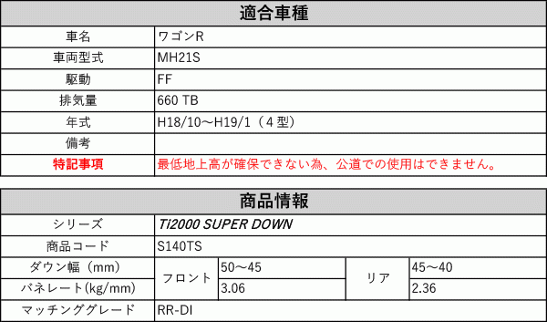 [RS-R_Ti2000 SUPER DOWN]MH21S ワゴンR_RR-DI(2WD_660 TB_H18/10～H19/1)用競技専用ダウンサス[S140TS]_画像2