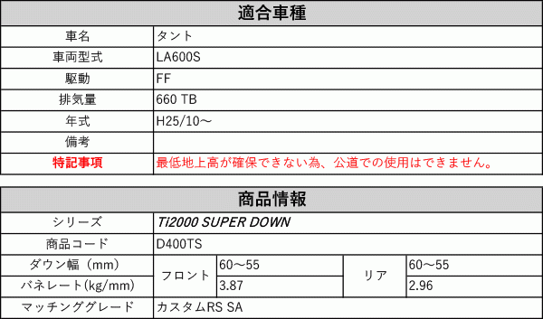 [RS-R_Ti2000 SUPER DOWN]LA600S タント_カスタムRS SA(2WD_660 TB_H25/10～)用競技専用ダウンサス[D400TS]_画像2