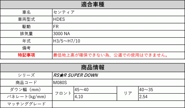 [RS-R_RS★R SUPER DOWN]HDES センティア(2WD_3000 NA_H3/5～H7/10)用競技専用ダウンサス[M080S]_画像2