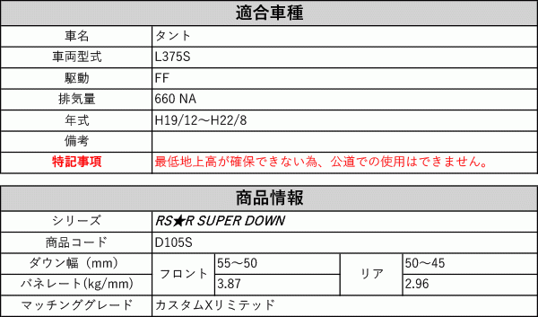 [RS-R_RS★R SUPER DOWN]L375S タント_カスタムXリミテッド(2WD_660 NA_H19/12～H22/8)用競技専用ダウンサス[D105S]_画像2