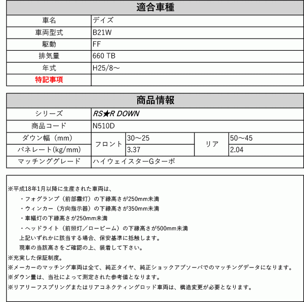 [RS-R_RS★R DOWN]B21W デイズ_ハイウェイスターGターボ(2WD_660 TB_H25/8～)用車検対応ダウンサス[N510D]_画像2