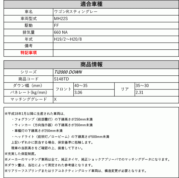 [RS-R_Ti2000 DOWN]MH22S ワゴンRスティングレー_X(2WD_660 NA_H19/2～H20/8)用車検対応ダウンサス[S148TD]_画像2