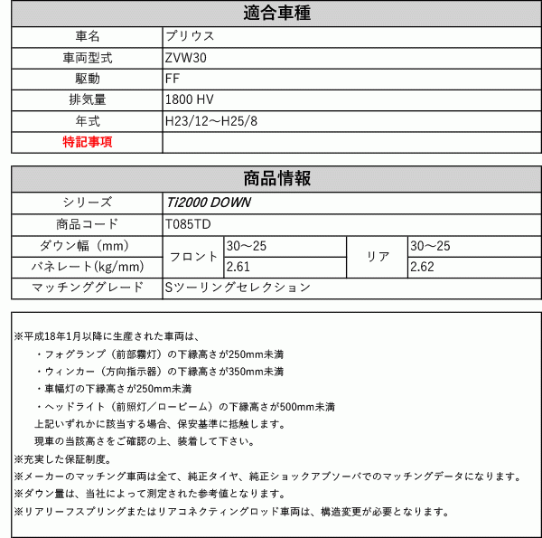 [RS-R_Ti2000 DOWN]ZVW30 プリウス_Sツーリングセレクション(2WD_1800 HV_H23/12～H25/8)用車検対応ダウンサス[T085TD]_画像2