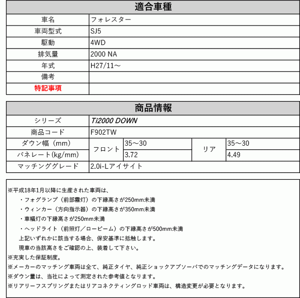 [RS-R_Ti2000 DOWN]SJ5 フォレスター_2.0i-Lアイサイト(4WD_2000 NA_H27/11～)用車検対応ダウンサス[F902TW]_画像2