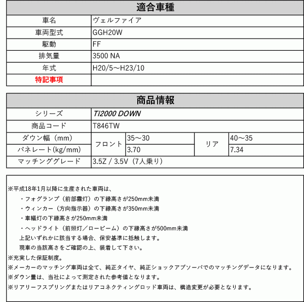 [RS-R_Ti2000 DOWN]GGH20W ヴェルファイア_3.5Z / 3.5V(2WD_3500 NA_H20/5～H23/10)用車検対応ダウンサス[T846TW]_画像2