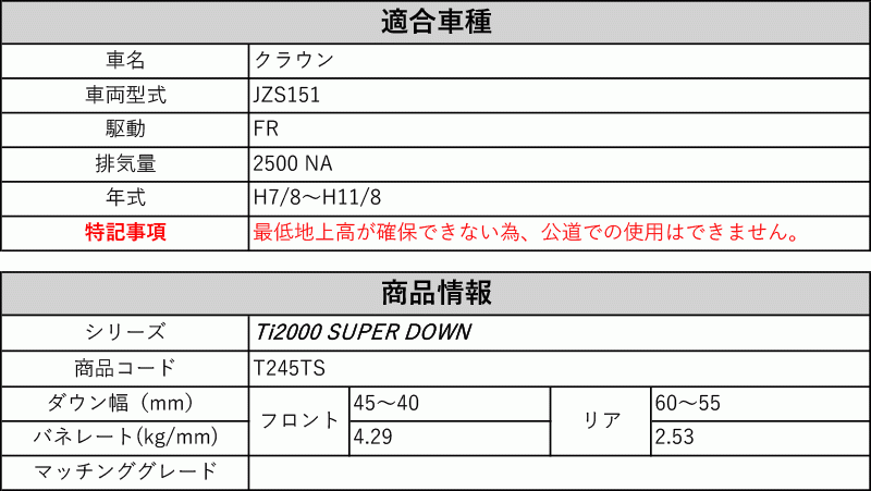 [RS-R_Ti2000 SUPER DOWN]JZS151 クラウン(2WD_2500 NA_H7/8～H11/8)用競技専用ダウンサス[T245TS]_画像2