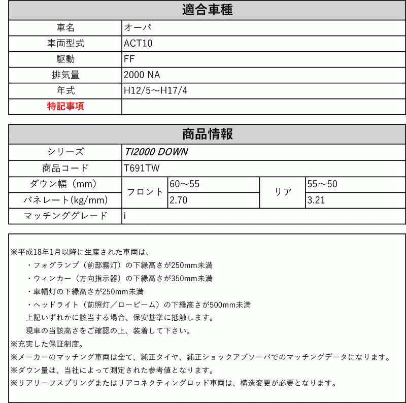 [RS-R_Ti2000 DOWN]ACT10 オーパ_i(2WD_2000 NA_H12/5～H17/4)用車検対応ダウンサス[T691TW]_画像2