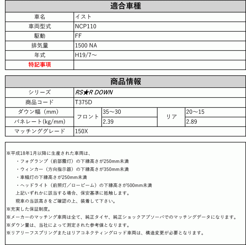 [RS-R_RS★R DOWN]NCP110 イスト_150X(2WD_1500 NA_H19/7～)用車検対応ダウンサス[T375D]_画像2