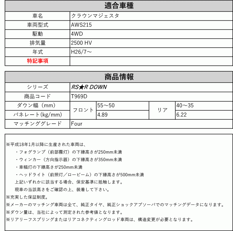 [RS-R_RS★R DOWN]AWS215 クラウンマジェスタ_Four(4WD_2500 HV_H26/7～)用車検対応ダウンサス[T969D]_画像2