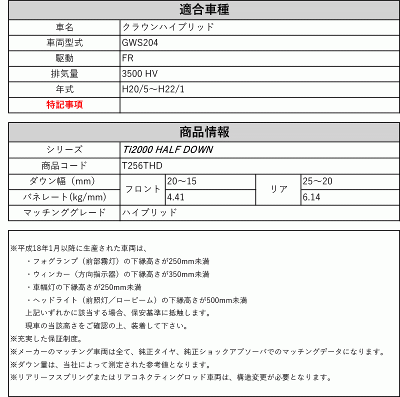 [RS-R_Ti2000 HALF DOWN]GWS204 クラウンハイブリッド(2WD_3500 HV_H20/5～H22/1)用車検対応ダウンサス[T256THD]_画像2