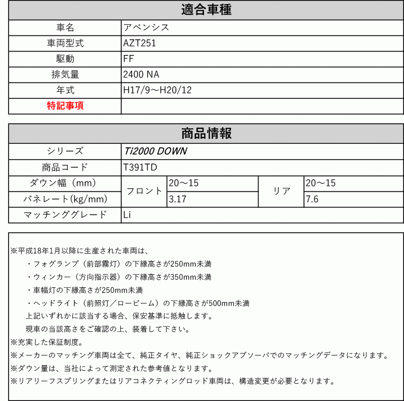 [RS-R_Ti2000 DOWN]AZT251 アベンシス_Li(2WD_2400 NA_H17/9～H20/12)用車検対応ダウンサス[T391TD]_画像2