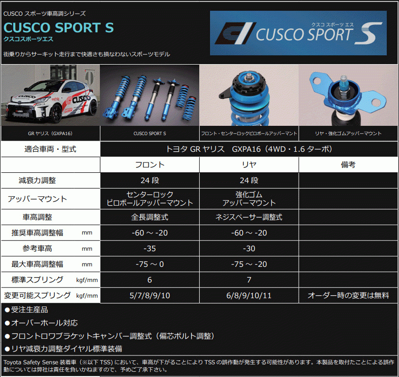 [CUSCO_SPORT S]GXPA16 GRヤリス(R02/09 -)用クスコ車高調整式サスペンションキット[1C7 64S CN]_画像4